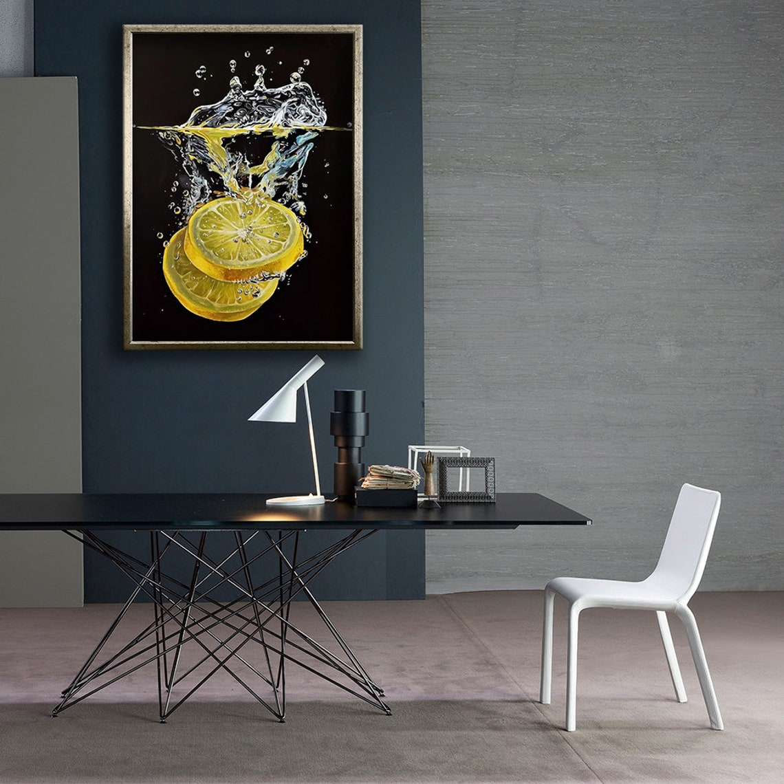 Lemon Slices Sinking Water Splash Black Background Painting Poster - Image 3