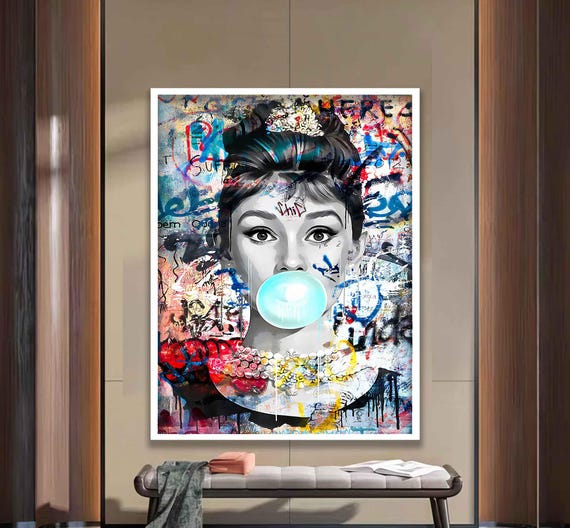 Audrey Hepburn Graffiti Gum Portrait Vintage Womens Fashion Wall Art Classic Hollywood Artwork Street Art Audrey Hepburn Modern Art