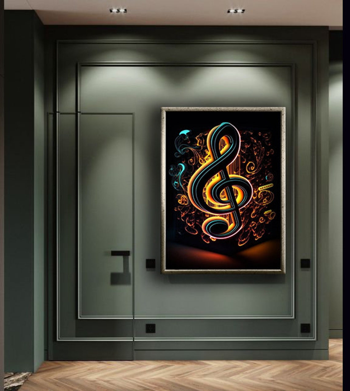 Glowing Neon Treble Clef Orange Teal Smoke Dark Background Art Poster - Image 3