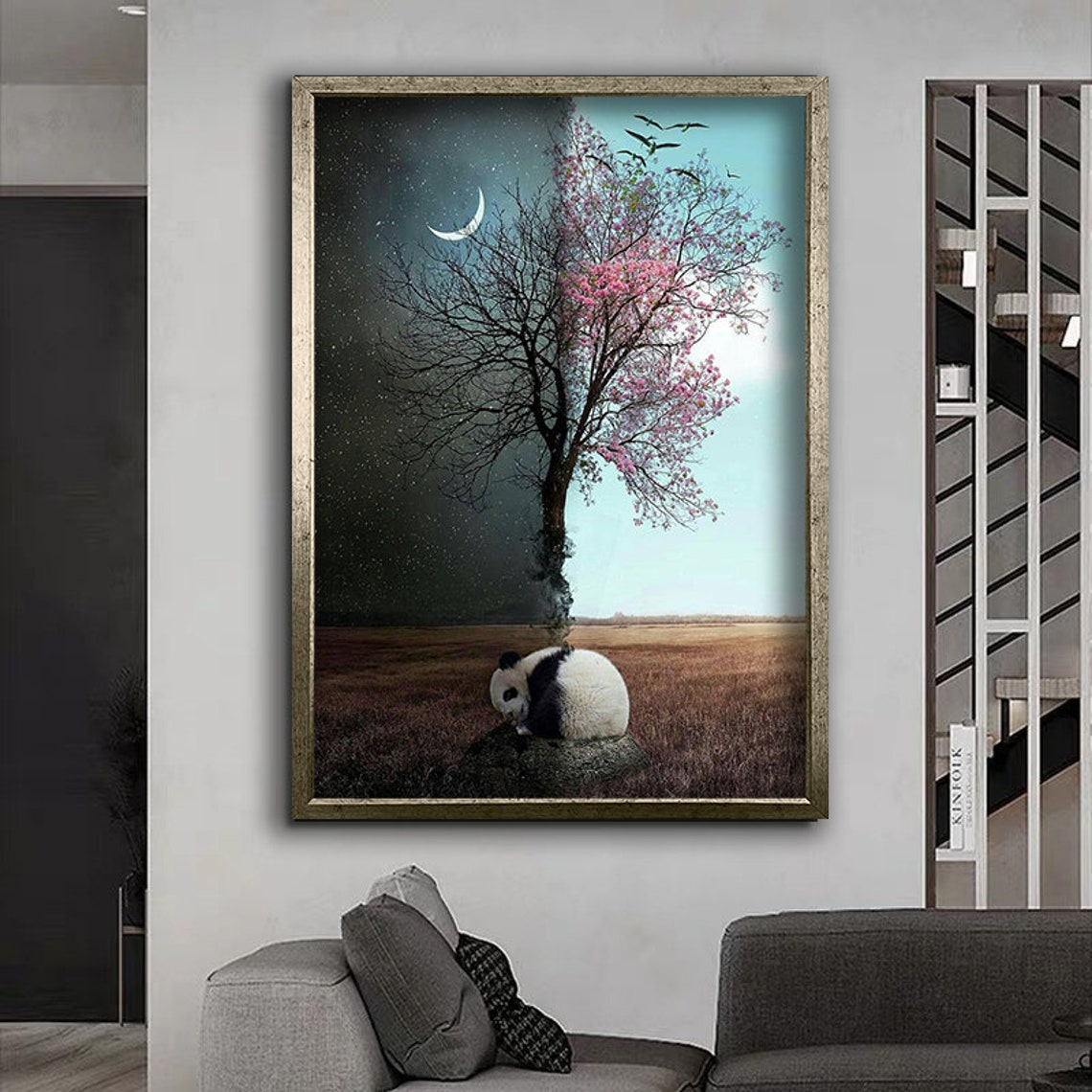 Panda Sleeping Beneath Night And Day Tree Moonlight Blossom Wall Art - Image 4
