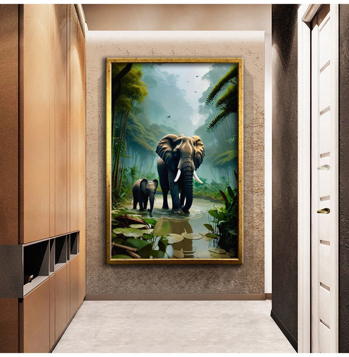Mother And Baby Elephant In Misty Jungle River Wildlife Art Poster
