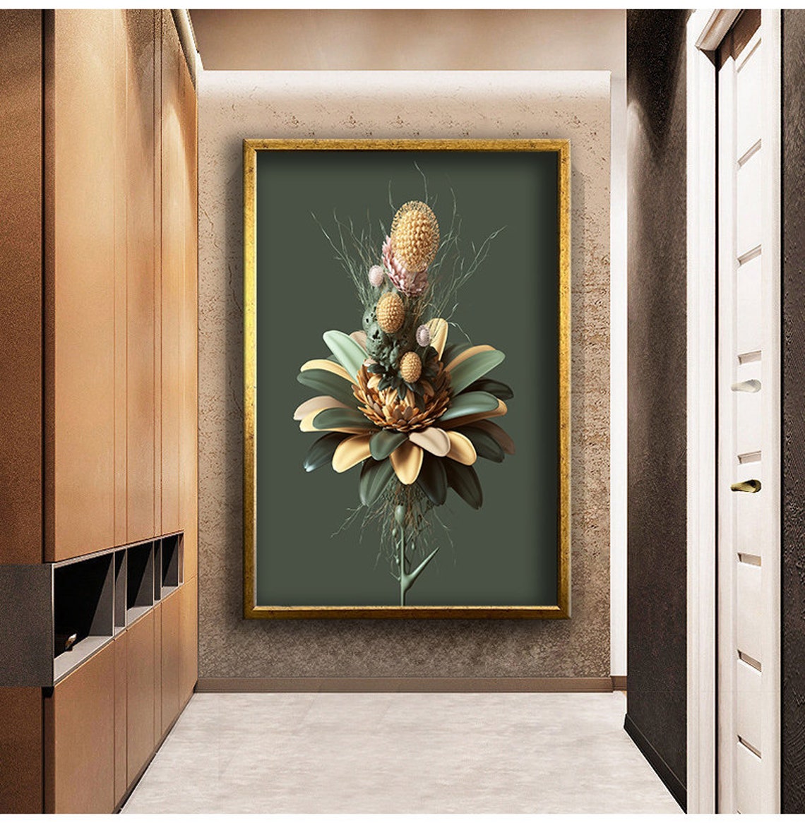Surreal Exploding Flower Bouquet Exotic Blooms Dark Green Art Poster