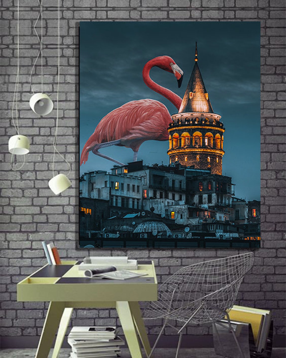 Istanbul Galata Tower Night Lights Pink Flamingo Surreal Travel Poster - Image 4