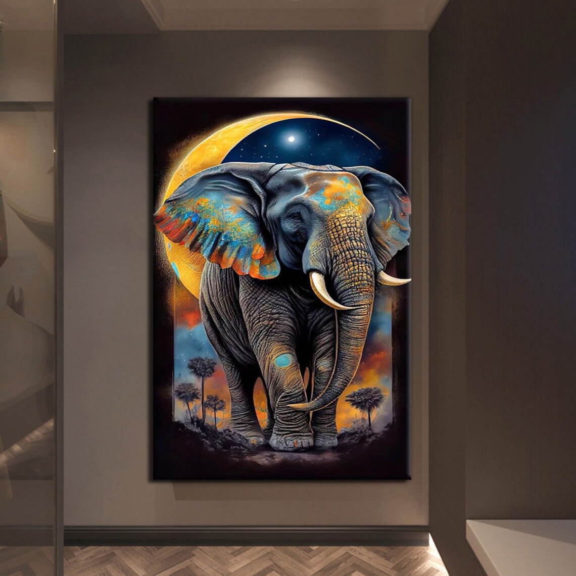 African Elephant Golden Crescent Moon Sunset Colorful Safari Wildlife Art Poster - Image 2