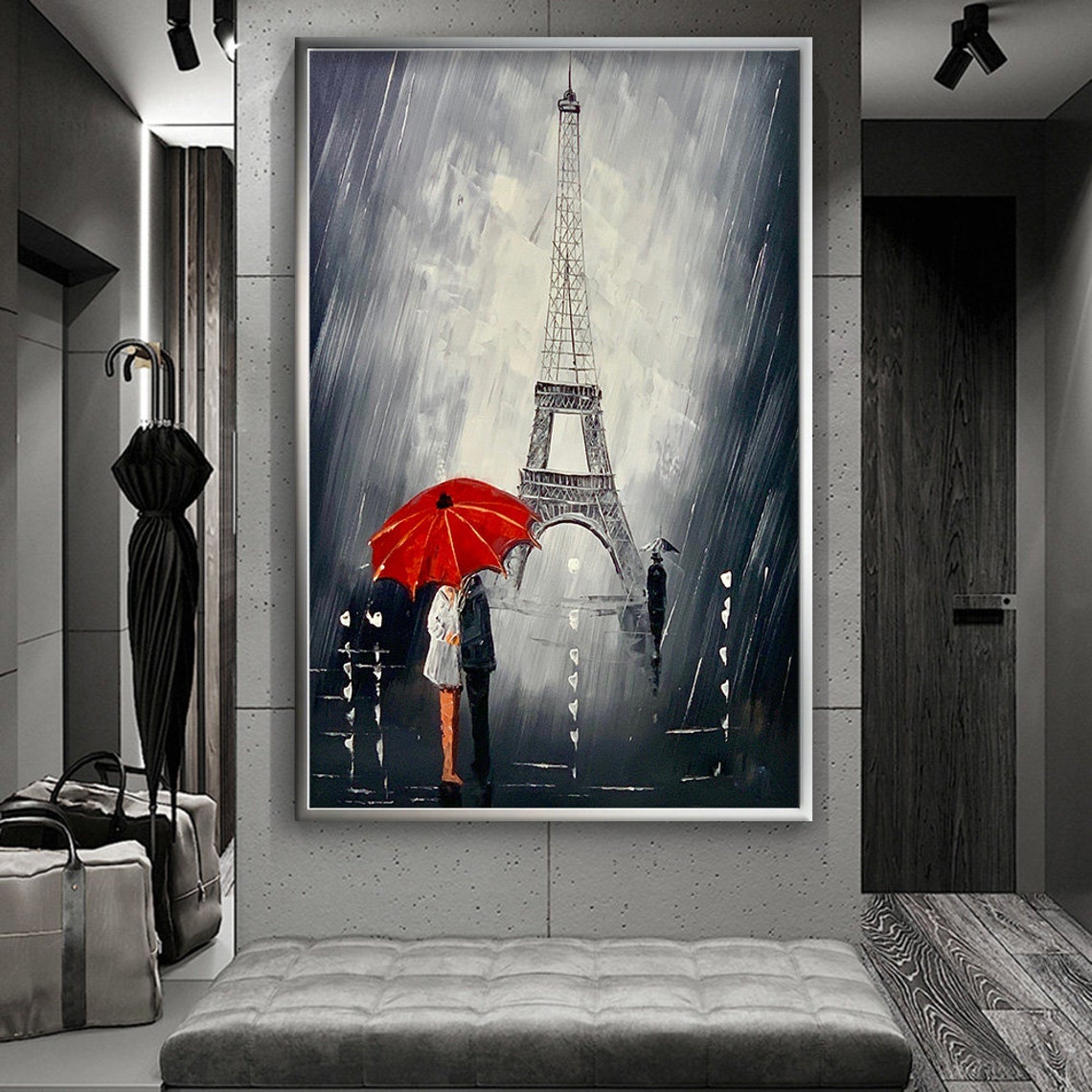 Eiffel Tower Rain Red Umbrella Lovers Romantic Paris Night Poster - Image 2