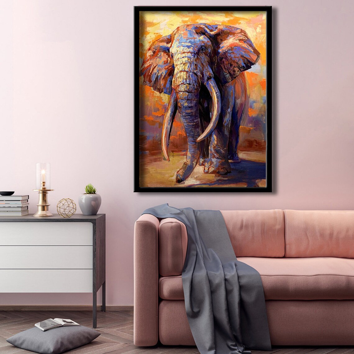 Colorful Elephant Oil Painting Sunset Savanna Wildlife Art Poster - Image 3