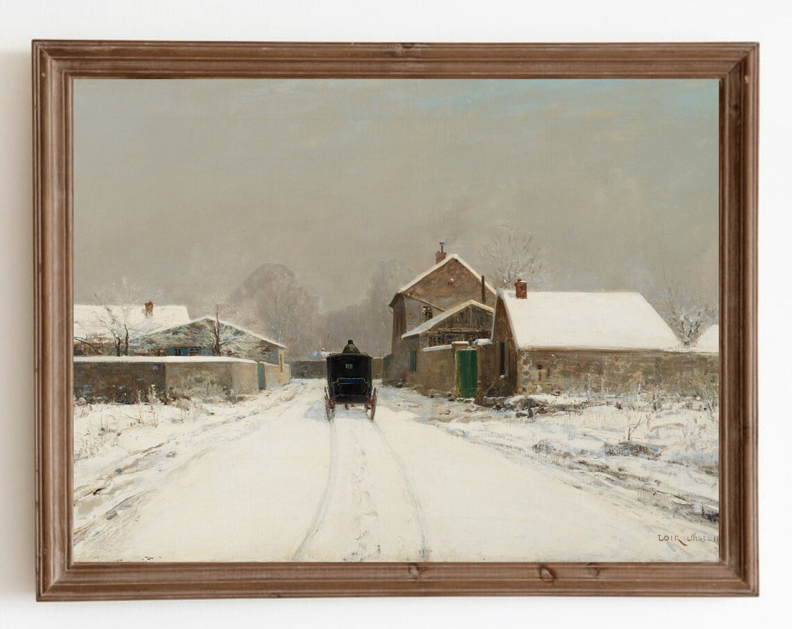 Snowy Village Street Horse Carriage Winter Antique Oil Painting Poster