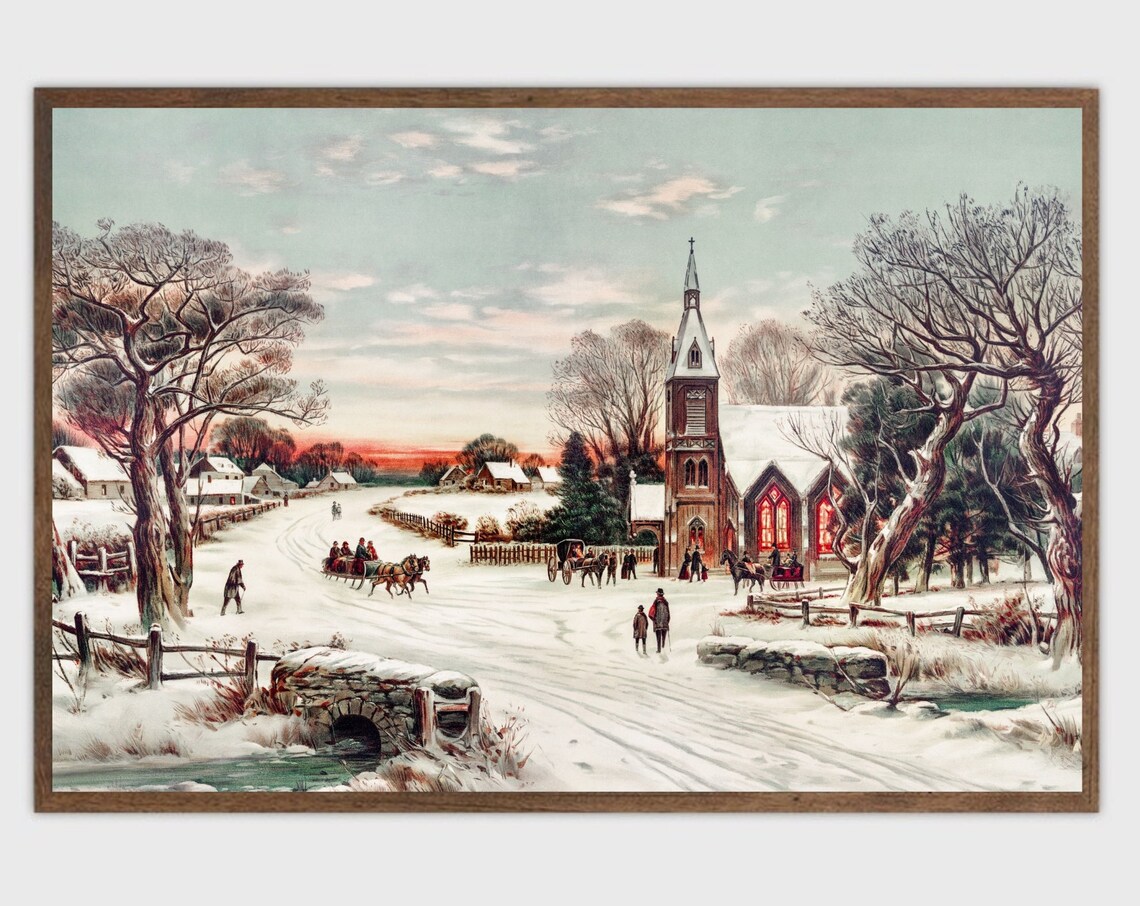 Vintage Christmas Village Winter Landscape Poster