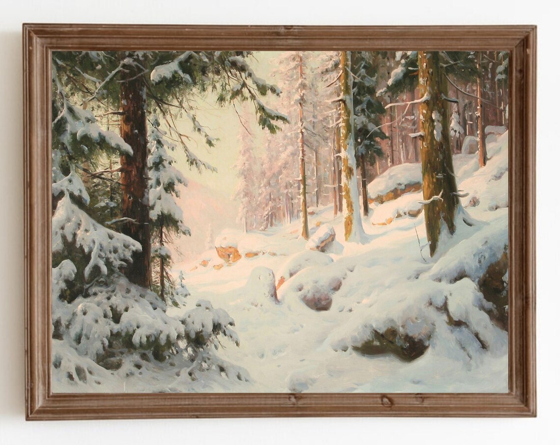 Snowy Tree Vintage Winter Landscape Art Print