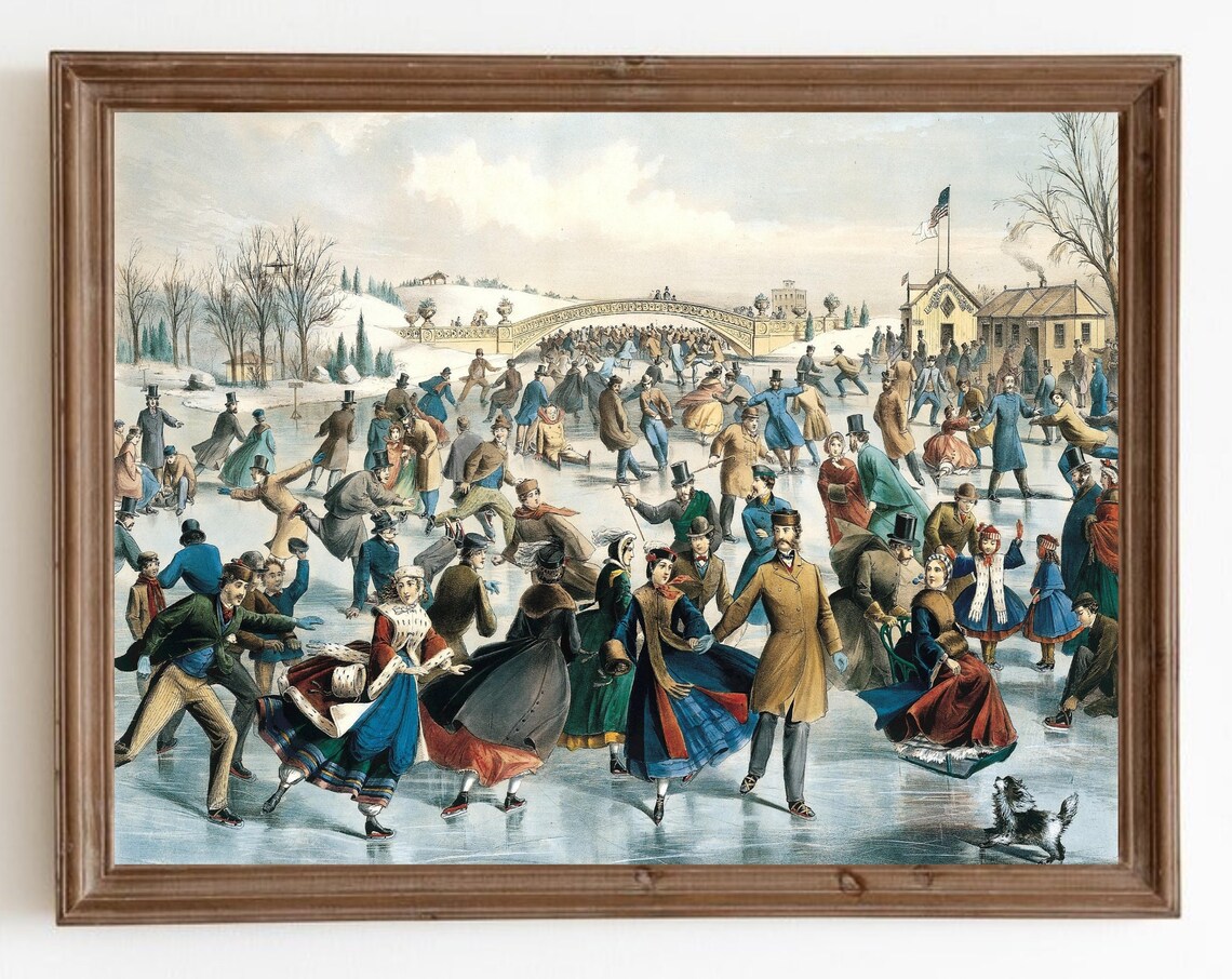 Vintage Central Park Ice Skating Christmas Art Print