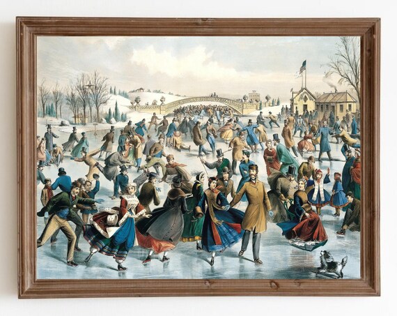 Vintage Central Park Ice Skating Christmas Art Print