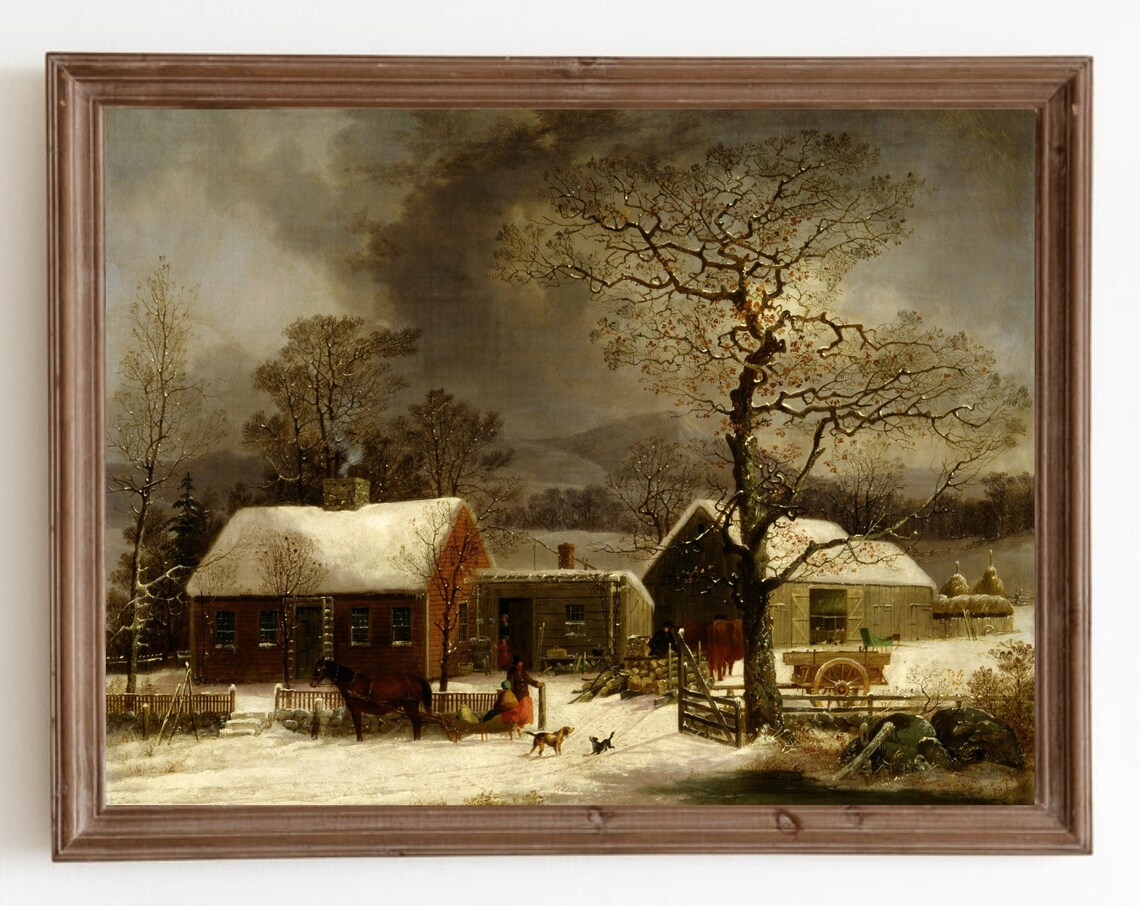 Vintage Winter Farm Painting, Antique Farmhouse Decor