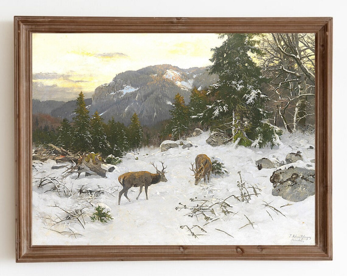 Winter Landscape Painting Deer Mountain Scene Art Print