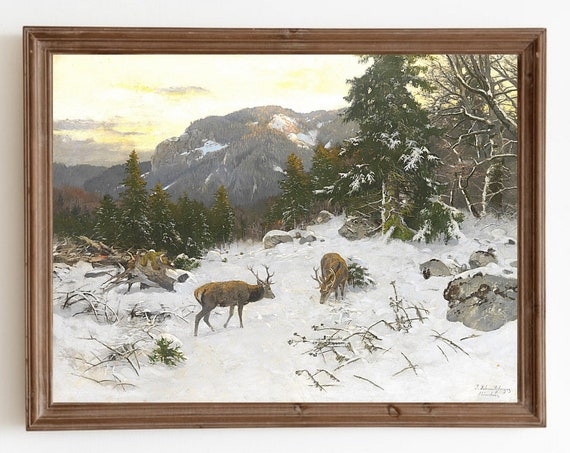 Winter Landscape Painting Deer Mountain Scene Art Print