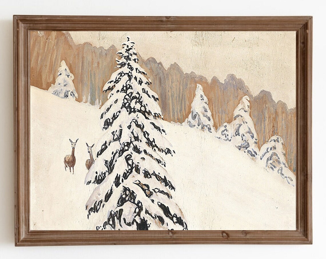 Vintage Snowy Landscape Art Print with Deer and Evergreens