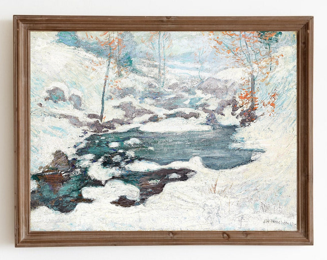 Icy Stream Winter Impressionist Snowy Hillside Painting Vintage Poster