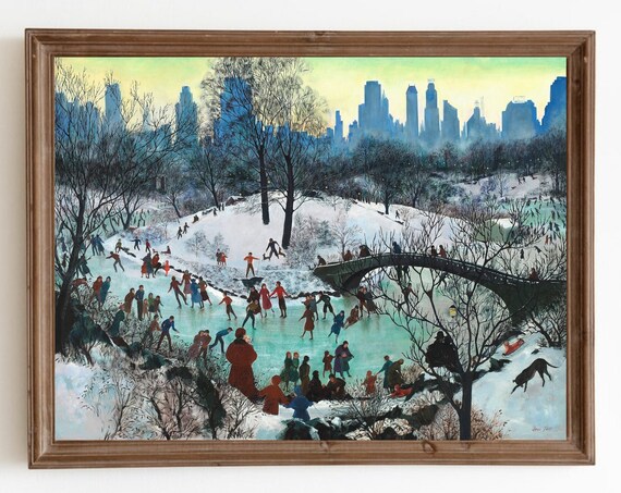 Vintage Ice Skating in Central Park, Christmas Art Print