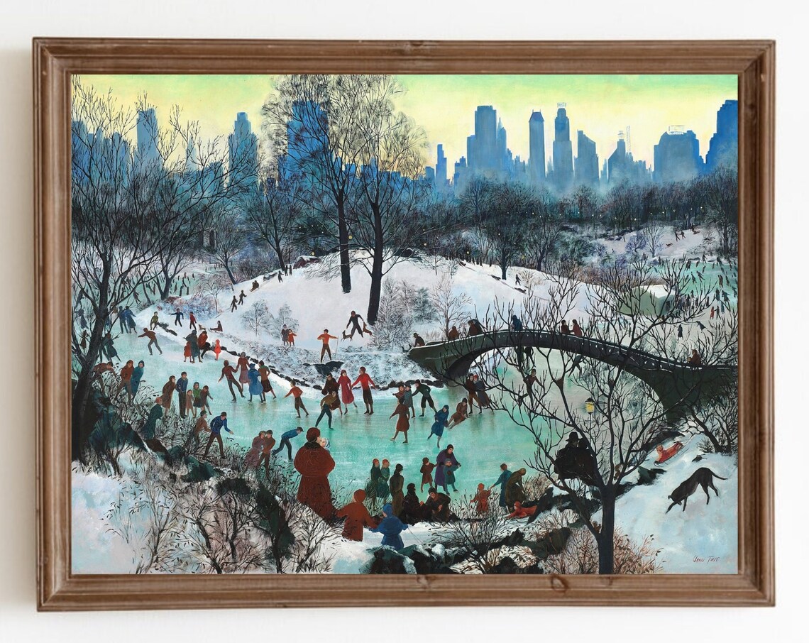 Vintage Ice Skating in Central Park, Christmas Art Print