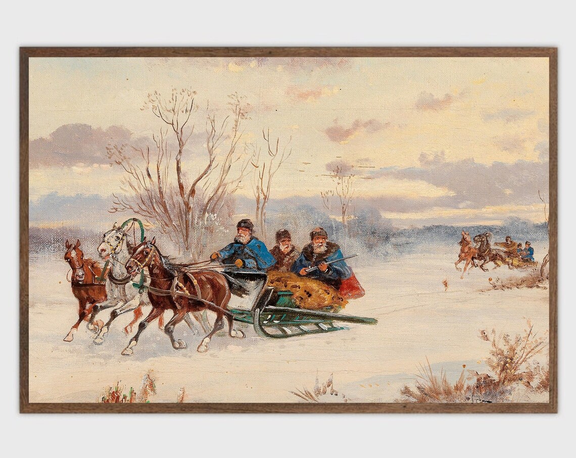 Vintage Sleigh Ride Christmas Winter Landscape Art Print