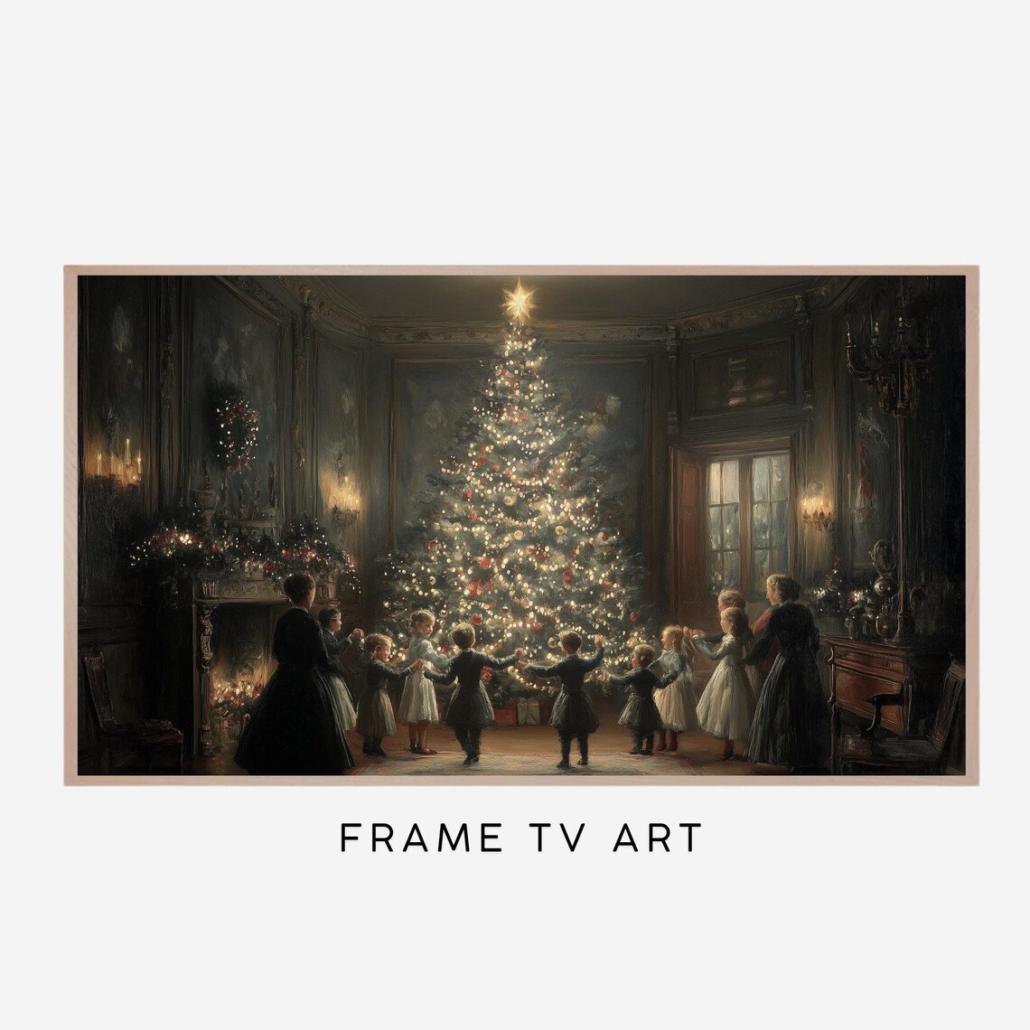 Vintage Christmas Tree Children Dancing Victorian Holiday Scene Poster
