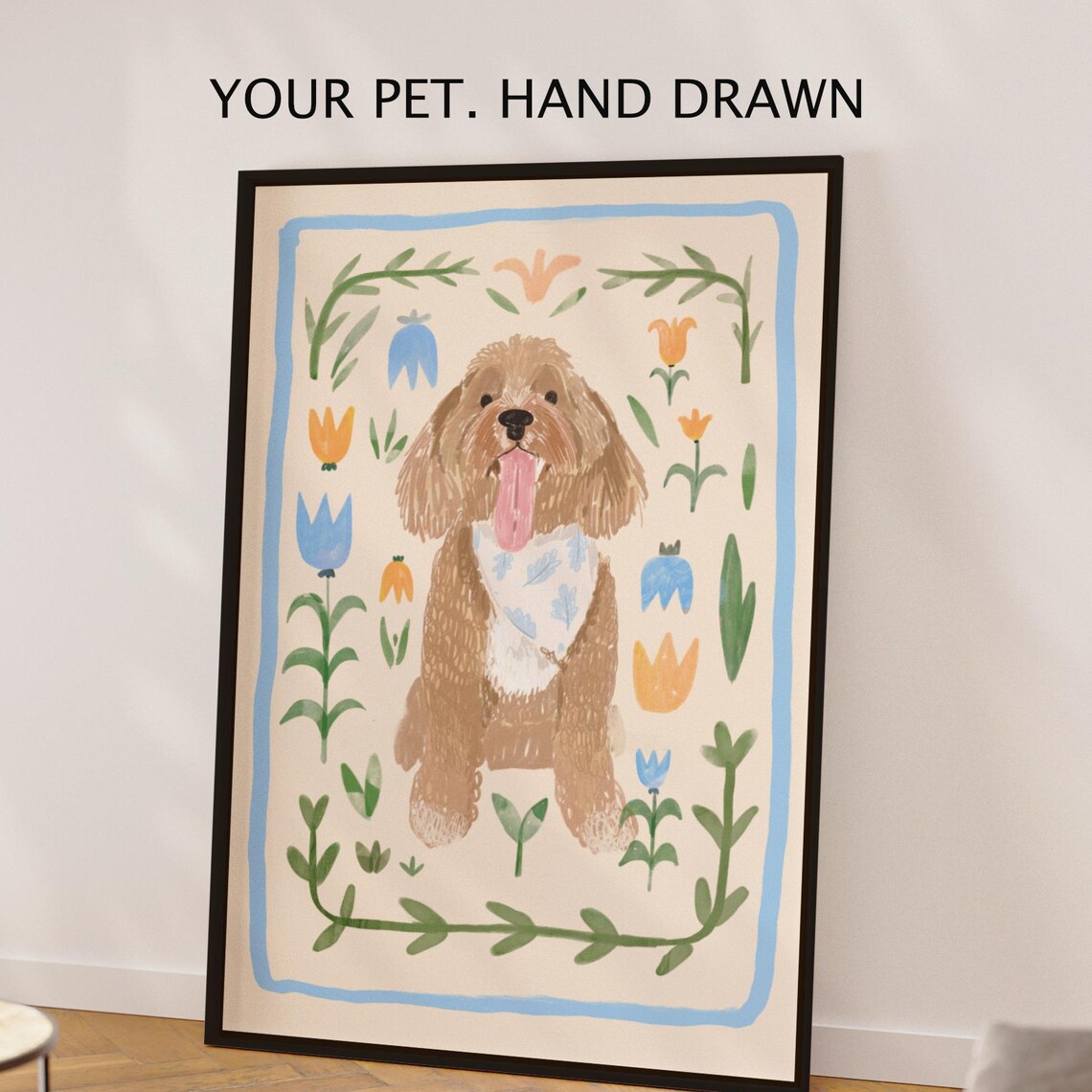 Custom Pet Portrait Dog Memorial Watercolor Floral Art