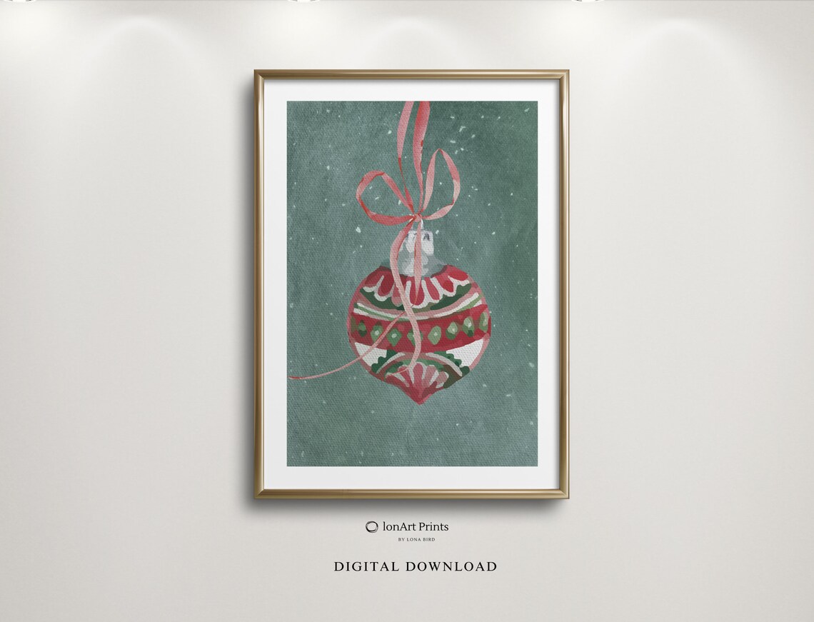 Red Patterned Christmas Bauble Watercolor Holiday Season Poster