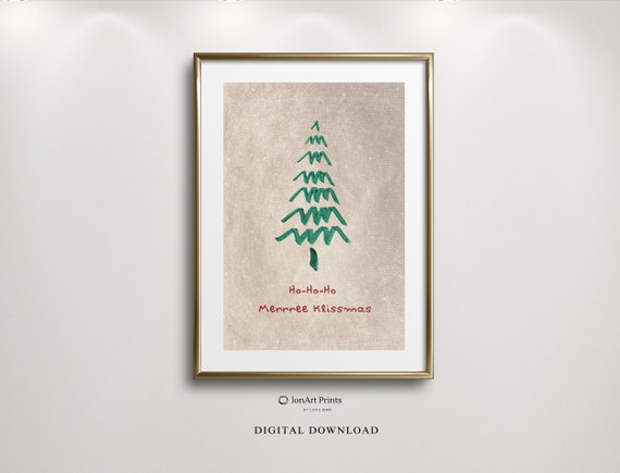 Whimsical Christmas Wall Art Naive Pine Tree Illustration Merrree Klissmas Festive Cozy Decor Minimalist Modern Xmas Gift