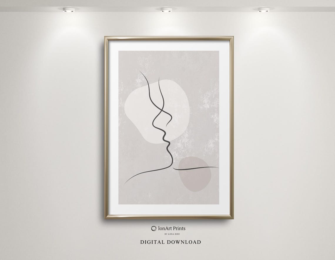 Kissing Faces Continuous Line Minimalist Neutral Love Art Poster