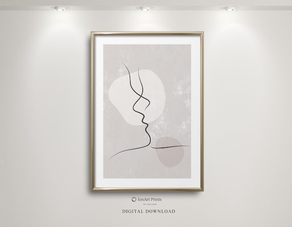 Kissing Line Art Wall Romantic Minimalist Abstract Face Neutral Modern Scandinavian Bedroom Decor