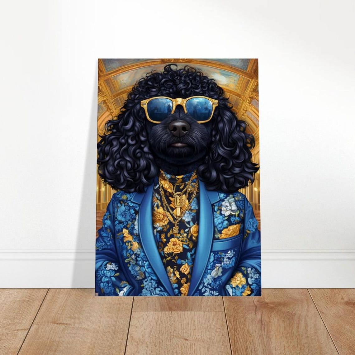 Poodle In Blue Floral Suit Gold Chains Sunglasses Dapper Dog Poster