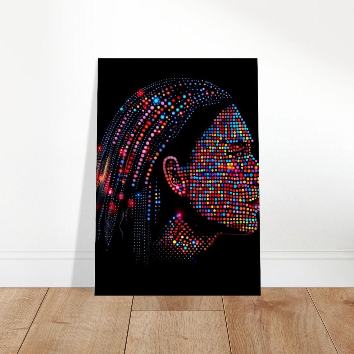 Woman Profile In Colorful Glowing Mosaic Dots On Black Poster