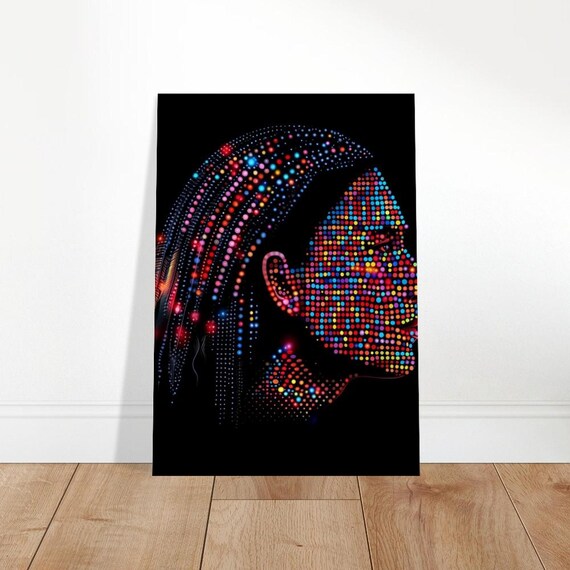 Woman Profile In Colorful Glowing Mosaic Dots On Black Poster