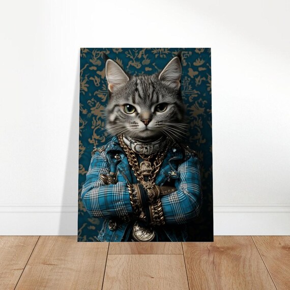 Gray Tabby Cat Blue Plaid Shirt Gold Chains Fashion Portrait Poster
