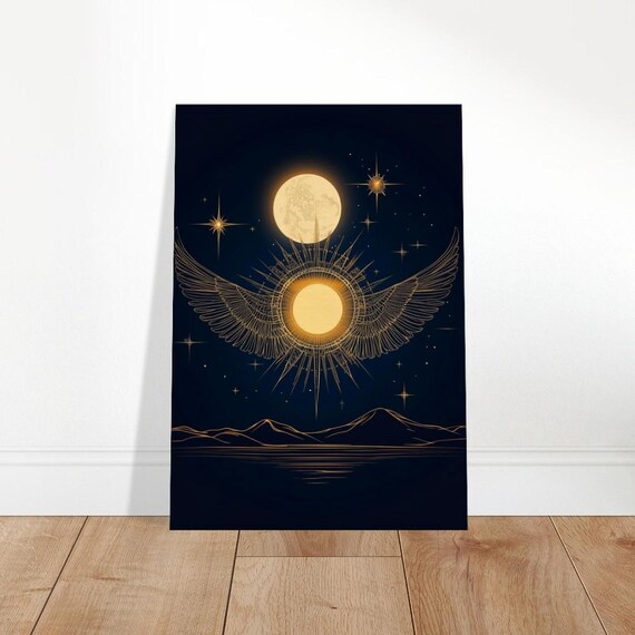 Celestial Wings Canvas Art Golden Sun Moon Night Sky Decor