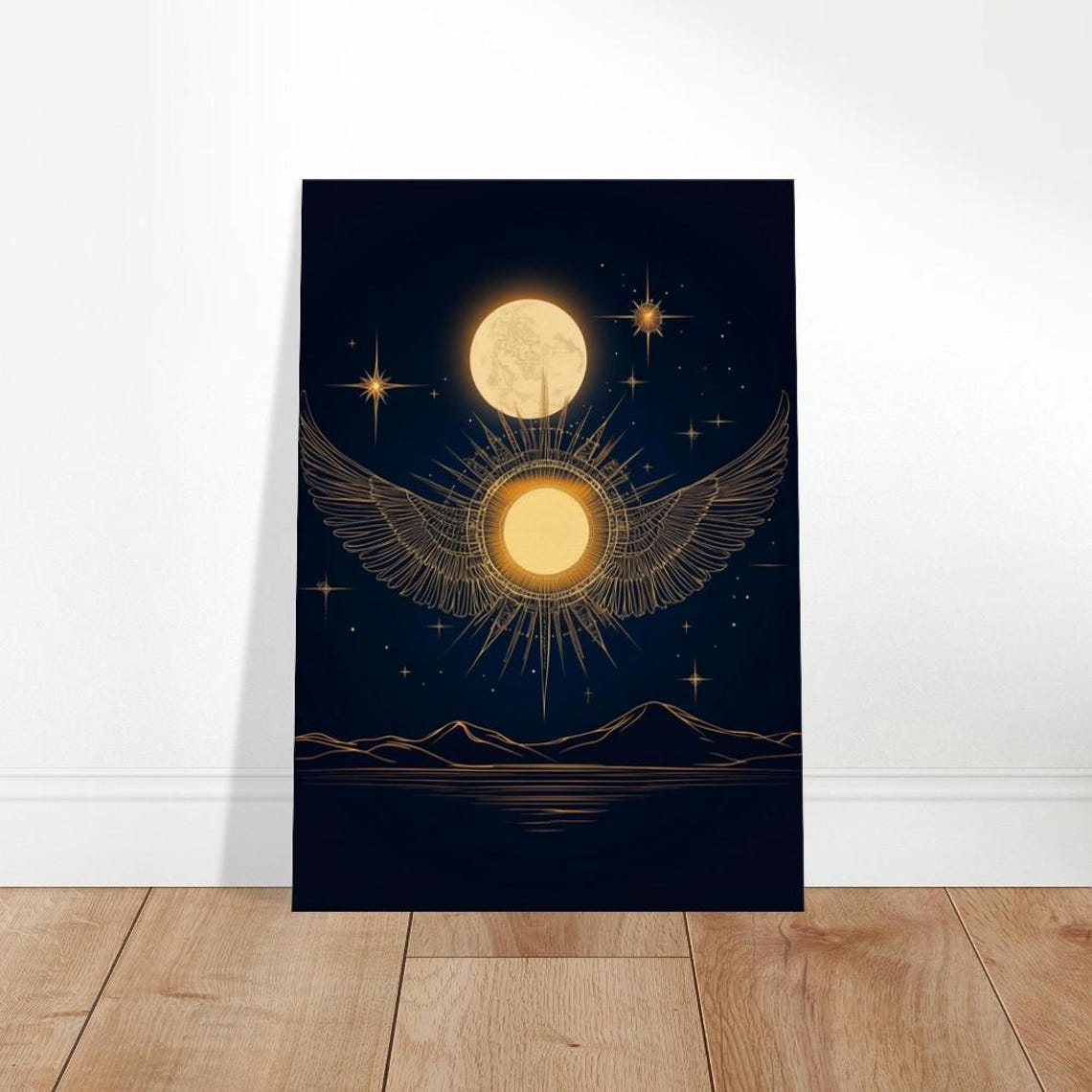 Celestial Wings Canvas Art Golden Sun Moon Night Sky Decor