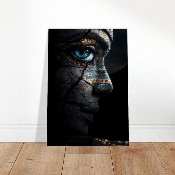 Egyptian Hieroglyph Face Turquoise Eye Dark Fantasy Portrait Art Print
