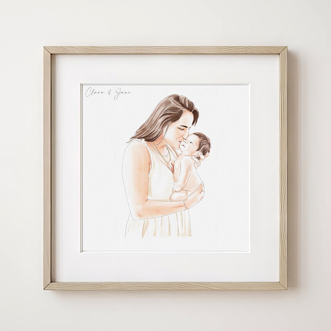Custom Mother and Baby Name Watercolor Portrait Poster Gift Art