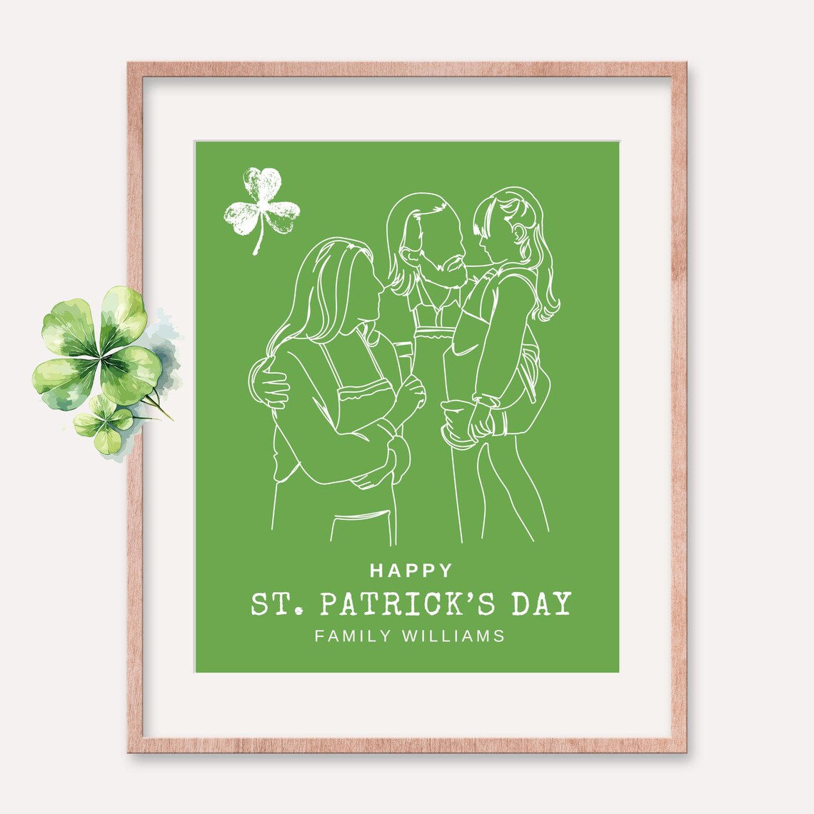 St. Patrick's Day Family of Three Line Art Portrait Poster Gift