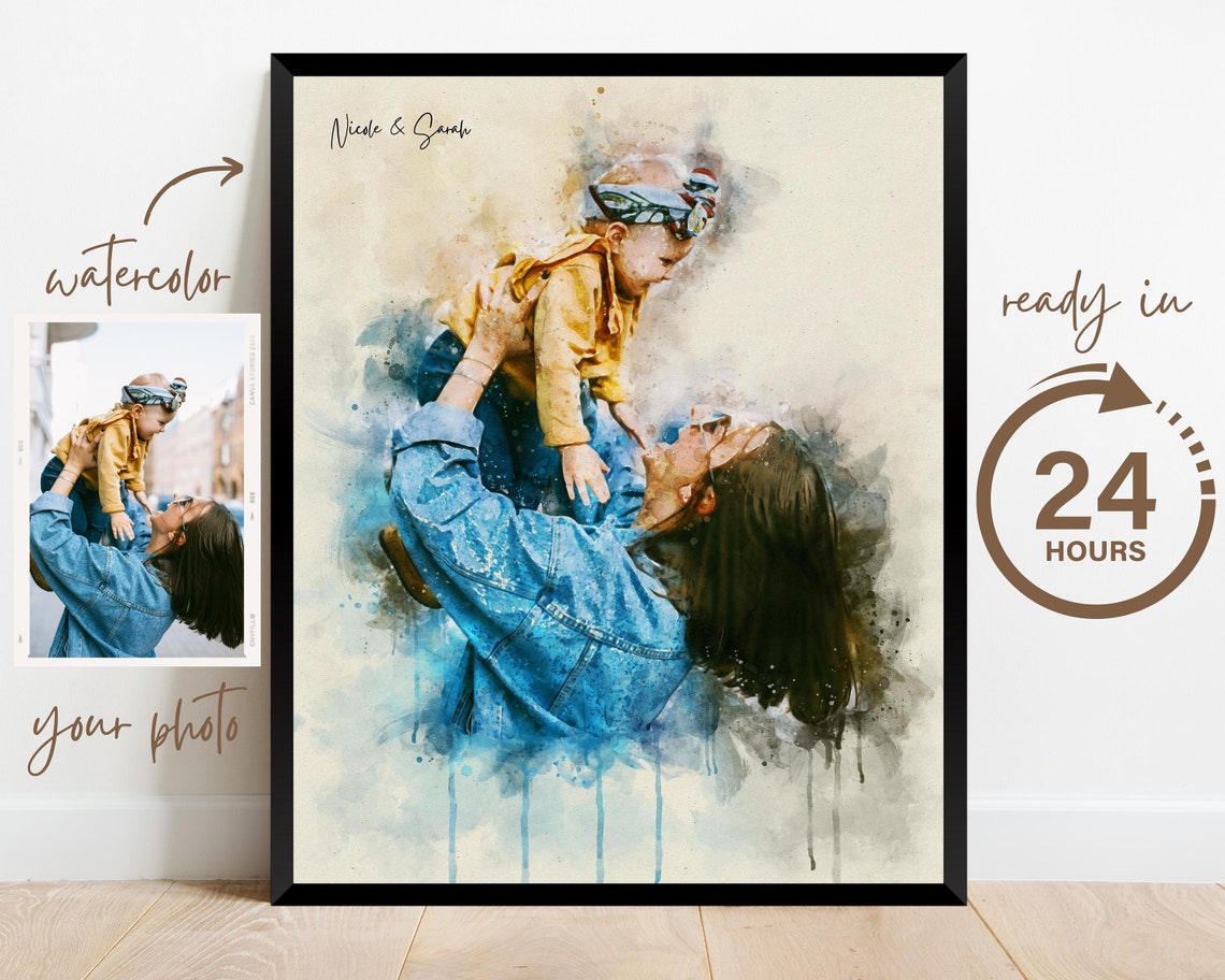 Mothers Day Personalized Watercolor Portrait From Photo Gift For Mom Mother Grandma Family Portrait First Mothers Day Gift From Daughter