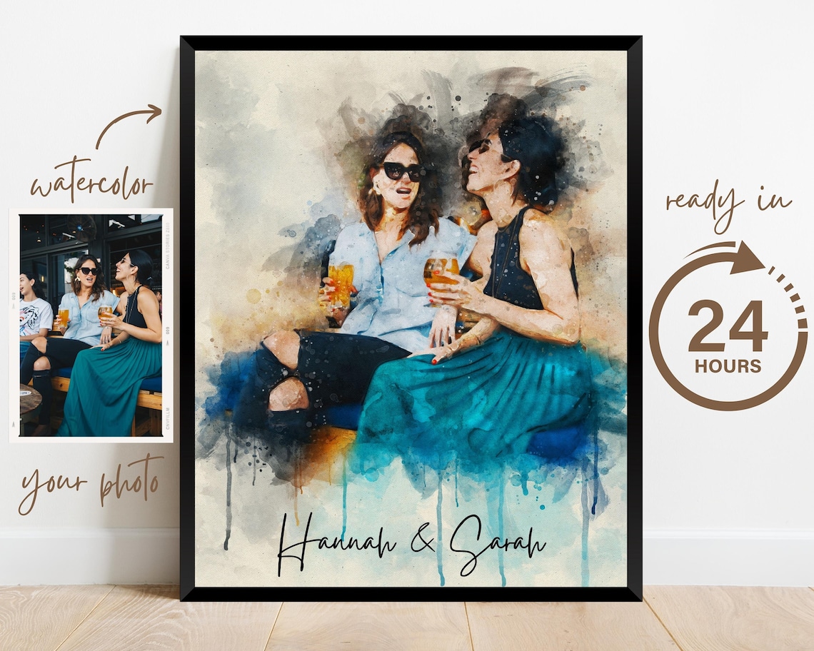 Custom Watercolor Portrait Print of Happy Mom and Her Daughter - Image 3