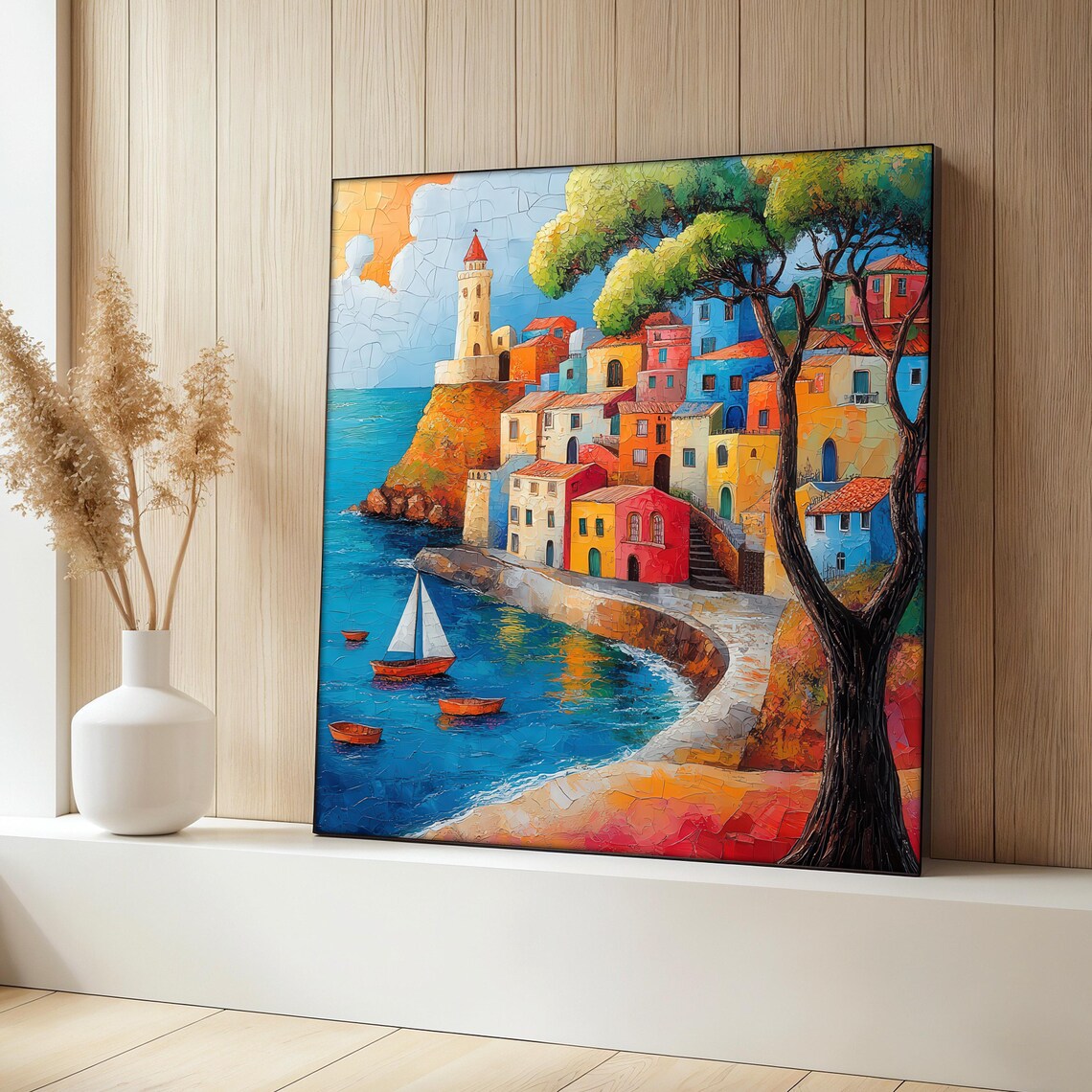 Coastal Village Painting, Mediterranean Seaside Decor