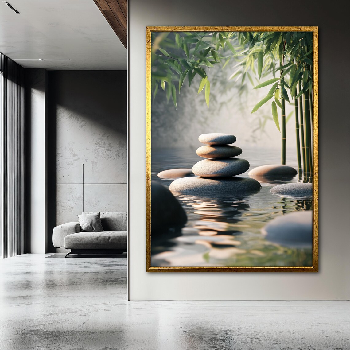 Zen Stone with Bamboo and Water Reflection - Image 3