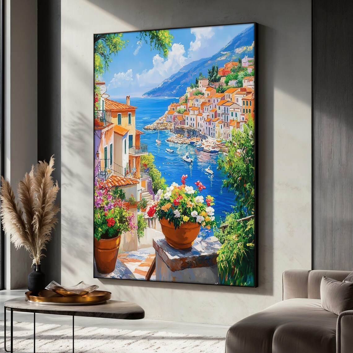 Mediterranean Coastal View Painting, Seaside Landscape