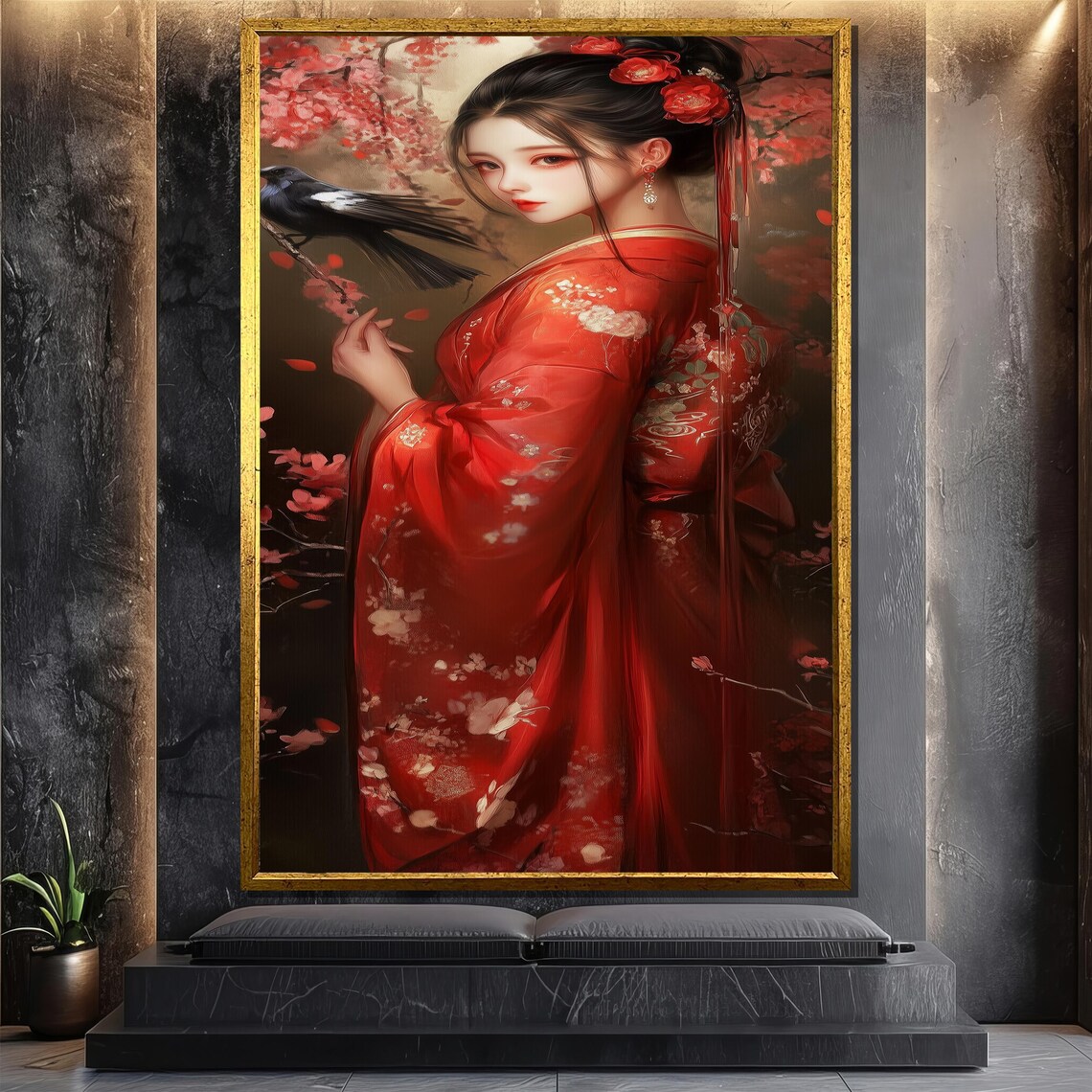 Romantic Japanese Woman In Red Kimono, Cherry Blossom