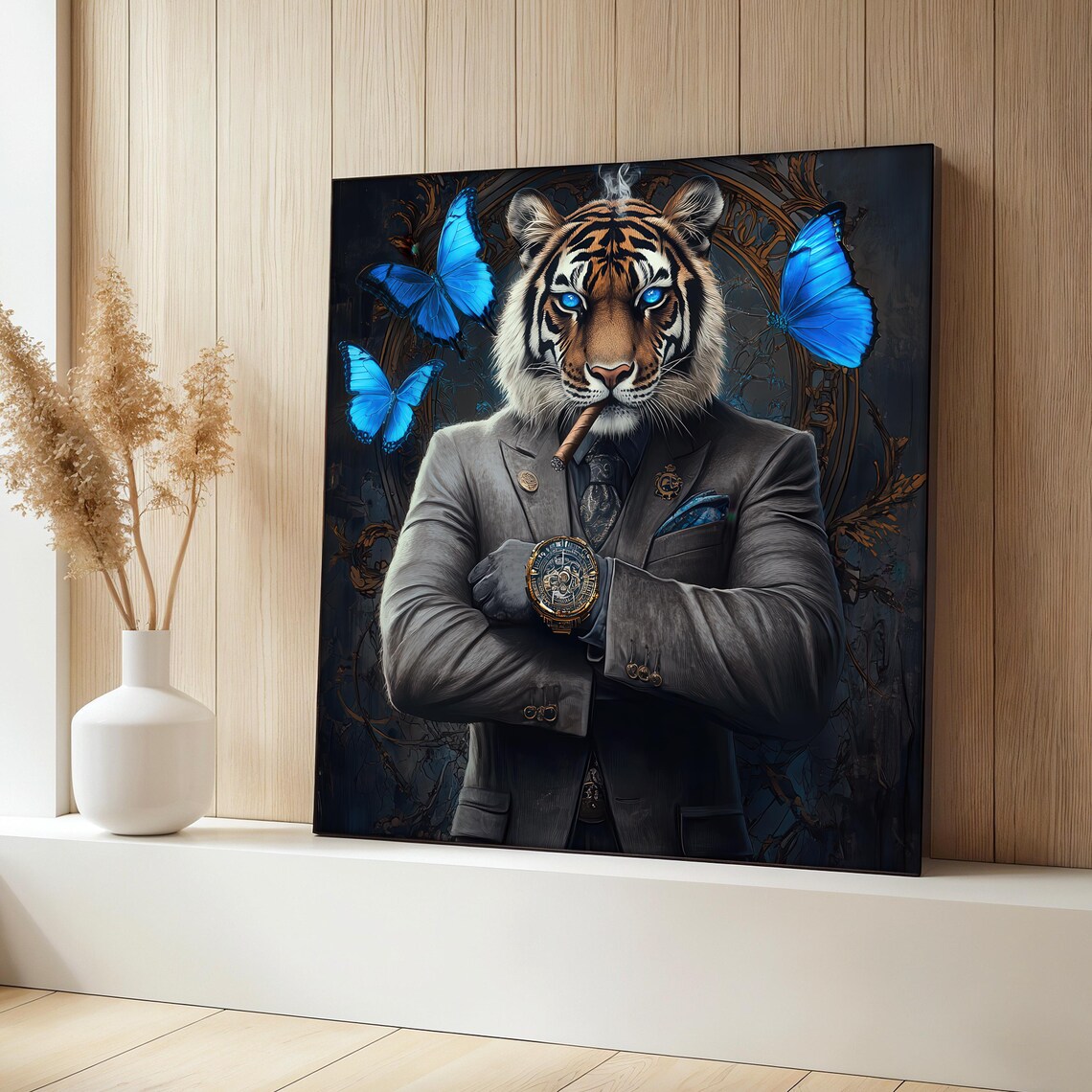 Tiger In Suit Painting With Blue Butterflies, Poster