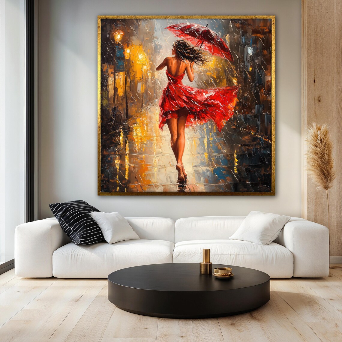 Red Dress Woman Rainy Night Street Red Umbrella Romantic Poster - Image 3