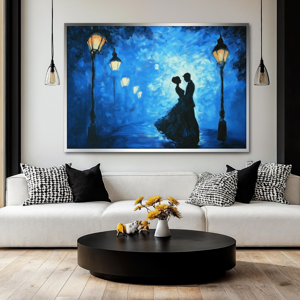 Romantic Couple Painting, Lovers Silhouette Night Scene - Image 2