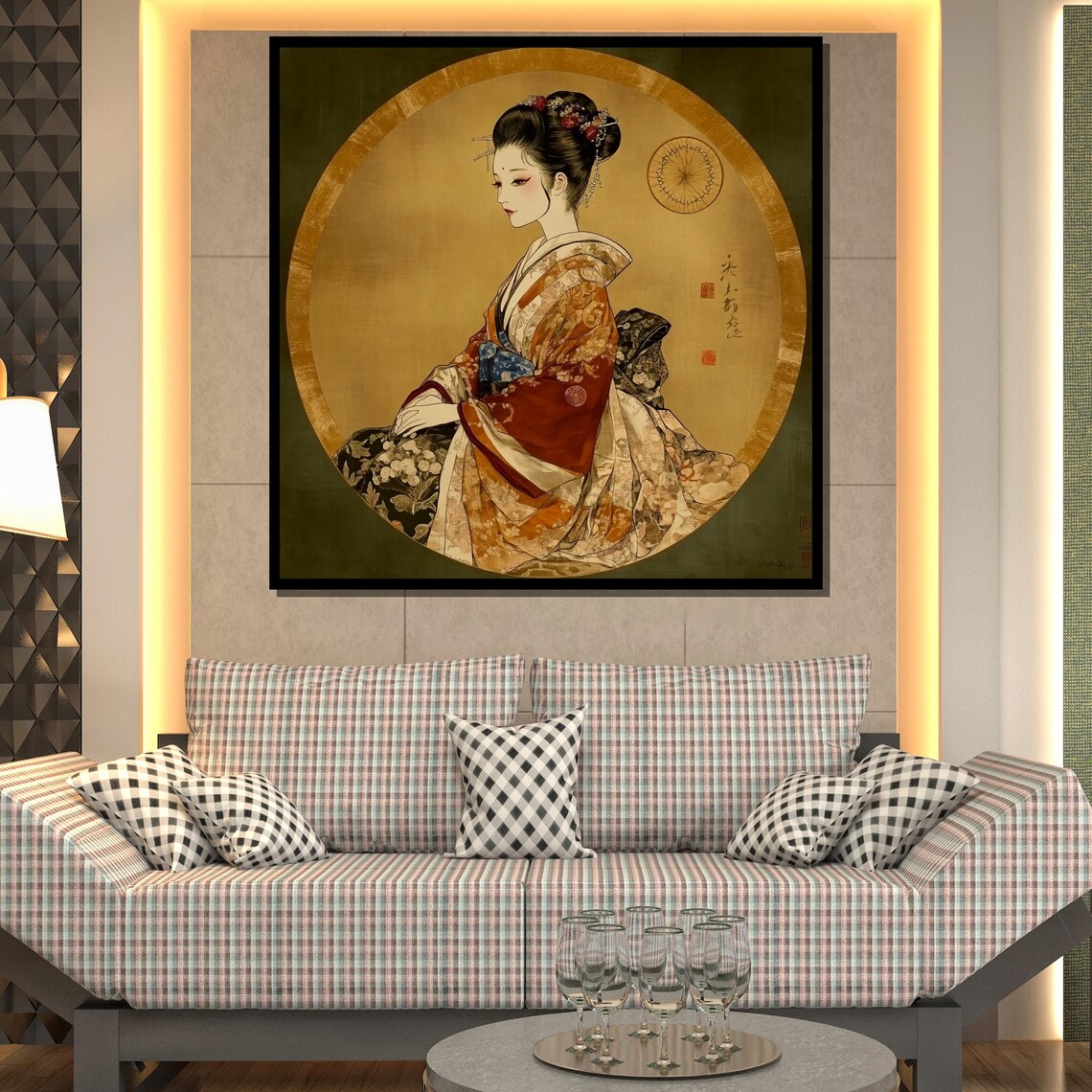 Elegant Japanese Geisha Painting, Traditional Kimono Portrait - Image 2