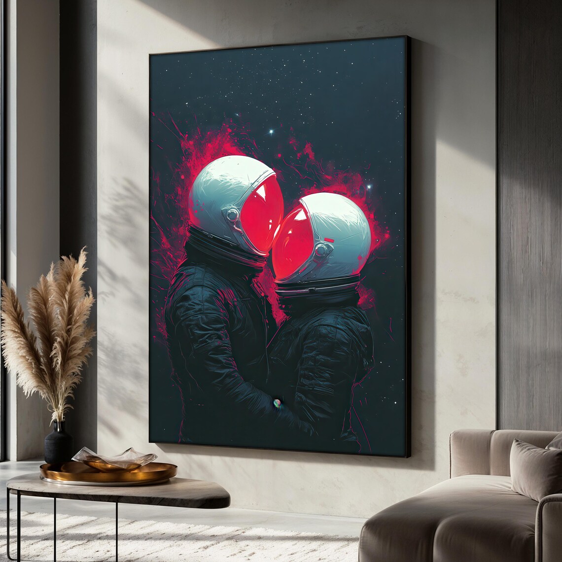 Astronaut Couple Painting, Futuristic Romantic Decor