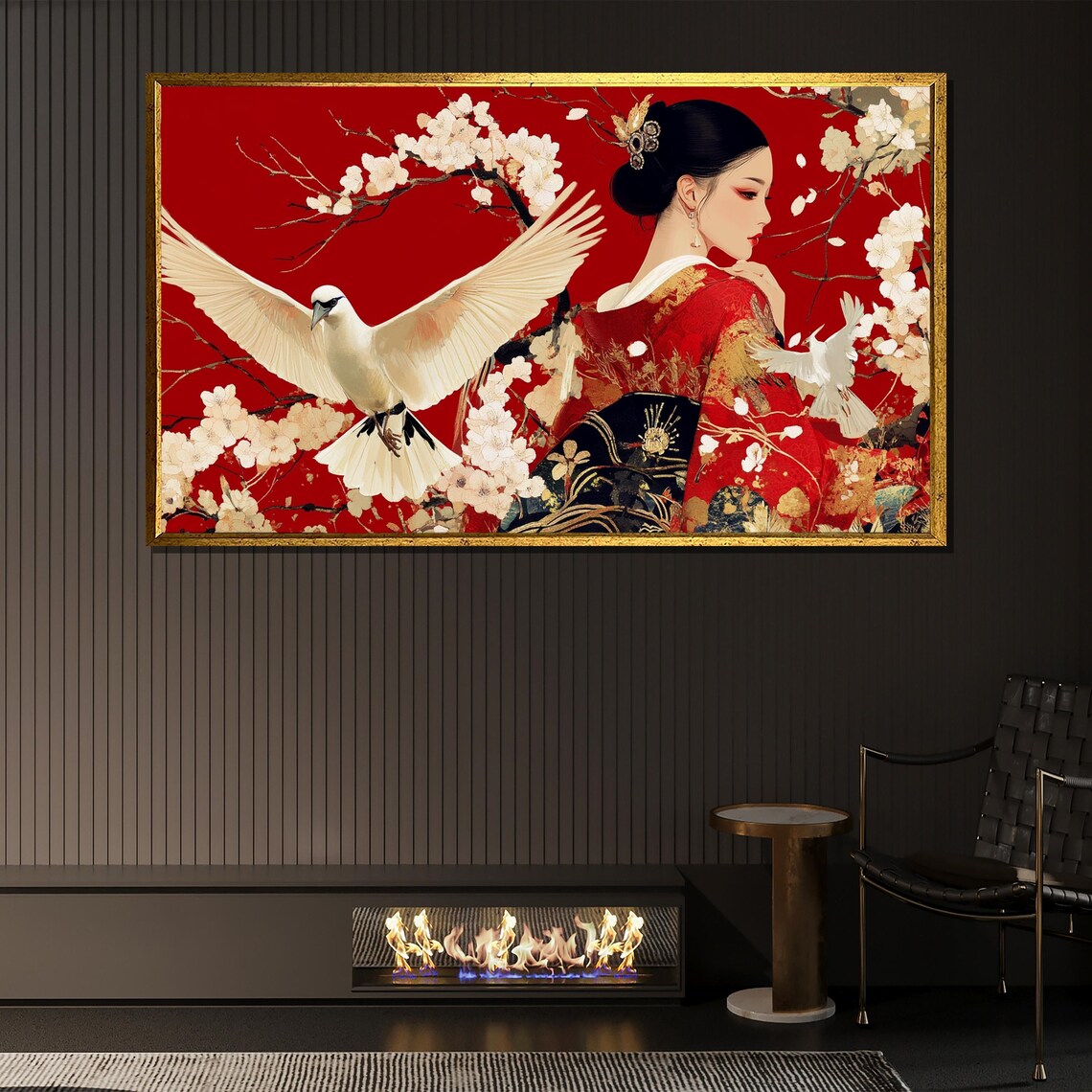 Japanese Woman With White Birds, Elegant Asian Decor